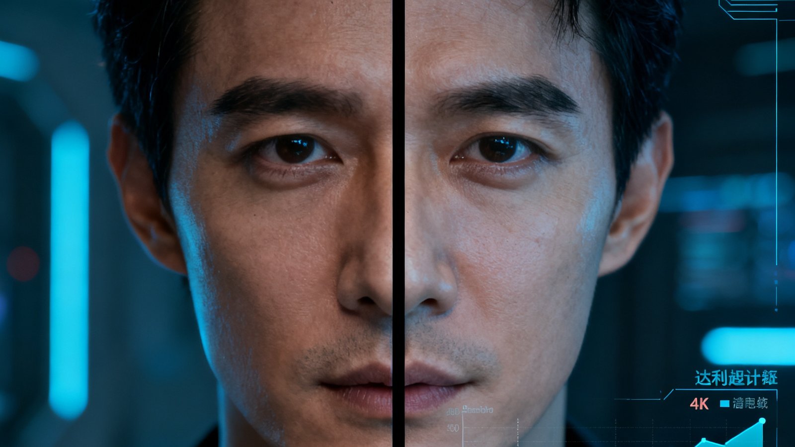 4K超高清画质传输技术展示：左侧为普通1080P画面，右侧为SA视讯平台4K分辨率画面，人物面部细节清晰可辨，文字图表边缘锐利无锯齿。