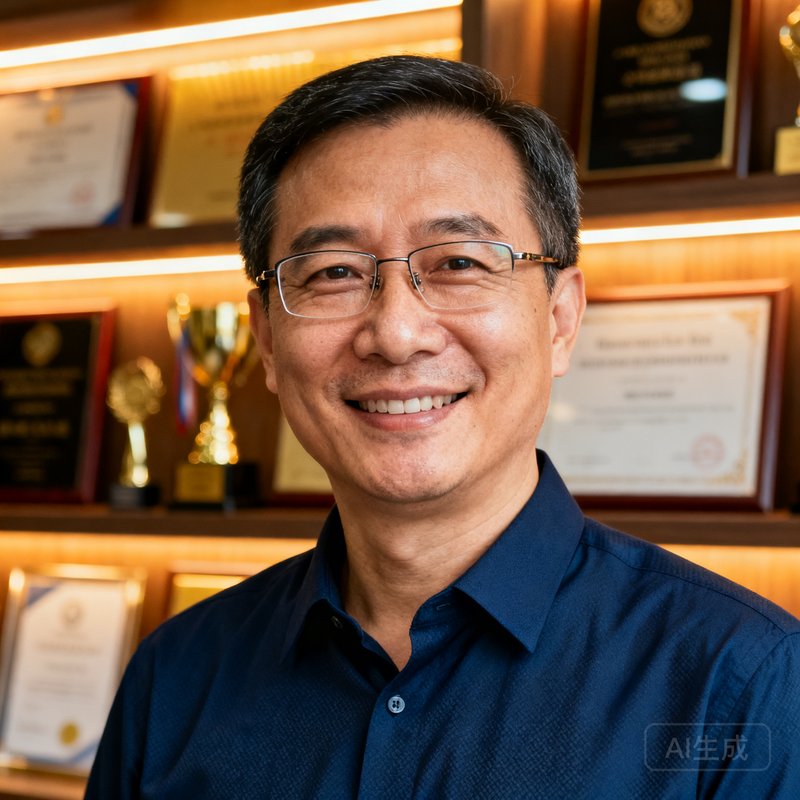 SA视讯平台CEO周启航半身照，40岁左右男性，戴眼镜，深蓝色衬衫，微笑面对镜头，背景为公司荣誉墙。