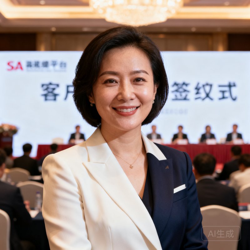 SA视讯平台COO方雅婷半身照，38岁左右女性，优雅职业装，在客户签约仪式现场留影。